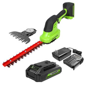 Greenworks front view of packaged shear shrubber showing compact design and quick start
