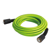 Greenworks hose front view showing full 25ft length and bright green finish for visibility