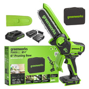 Greenworks mini chainsaw front view showing compact design and portability