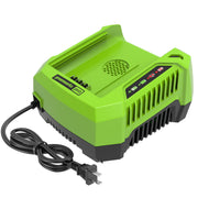 Greenworks charger front view showing compact design and fast charging