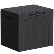 Greesum front view of black deck box showing compact storage benefit