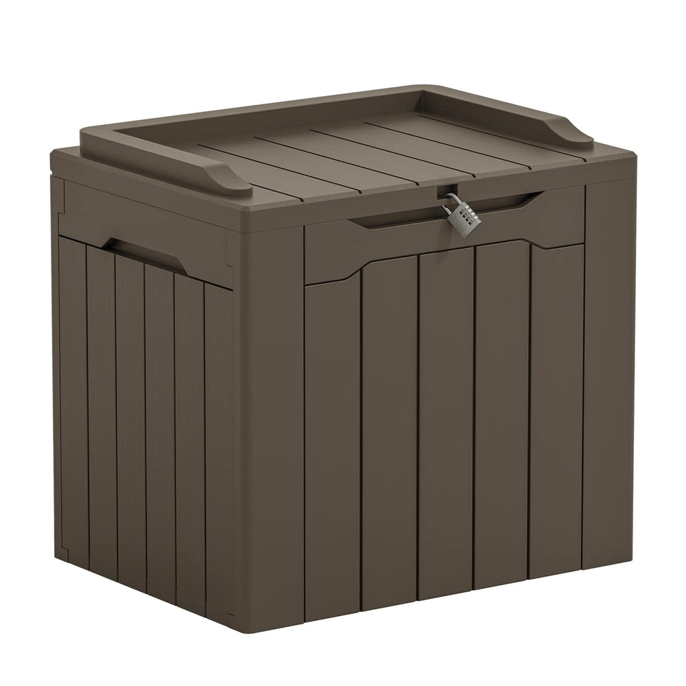 Greesum front view of dark brown storage box showing compact footprint and weatherproof design