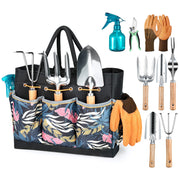 Grenebo front view showing all nine tools and floral tote for organized transport