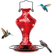 Grete Gotye front view of feeder showing red finish and hanging hook, attracts birds