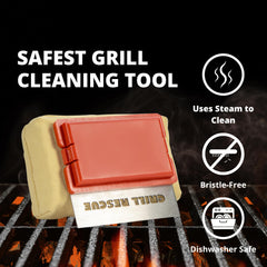 Grill Rescue close-up of stainless scraper edge, cuts hardened carbon cleanly