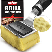 GRILLART front view of brush packaging showing product features and length