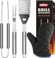 GRILLART front packaging view showing complete 3-piece BBQ set and glove for durable grilling