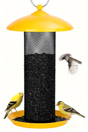 Gtongoko front view of yellow mesh tube feeder, holds 2.5 lb seed