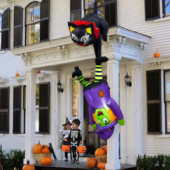 GUDELAK front view of 8 ft hanging black cat and witch inflatable showing scale and design