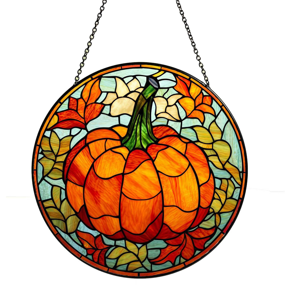 GYGWAI front view of pumpkin suncatcher showing warm colors and decorative detail