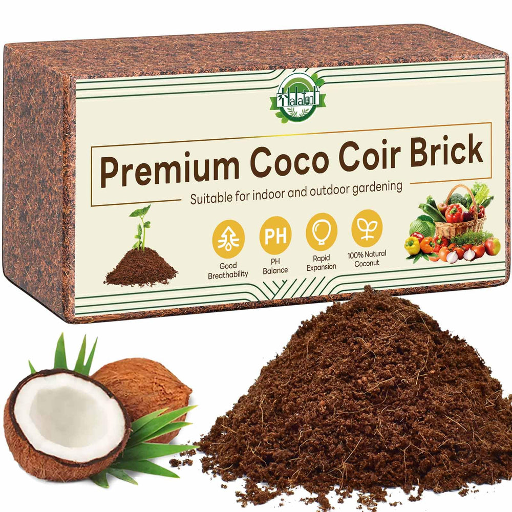 Halatool compressed coir brick front view showing compact, travel-ready planting medium benefit