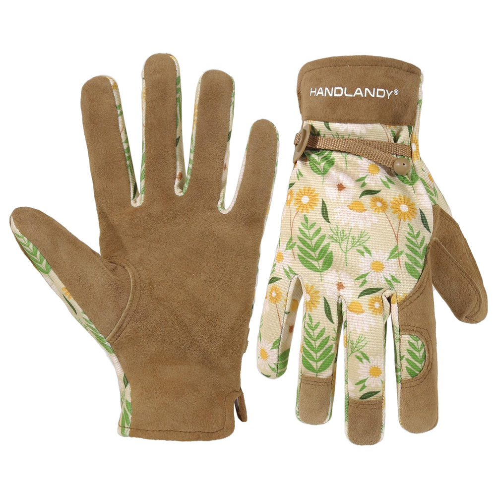 HANDLANDY front view of gloves showing full leather palm and slim profile for protection