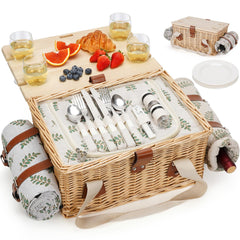 HappyPicnic front view of full wicker picnic set showing complete contents