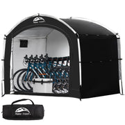 HAPPY TRAVEL front view assembled shelter showing protected bikes and neat storage