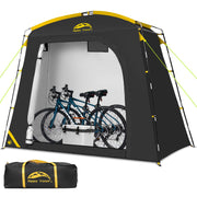 HAPPY TRAVEL front view showing full shelter protecting bikes and gear