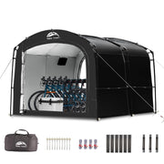HAPPY TRAVEL front view of assembled shed showing full protection and easy access