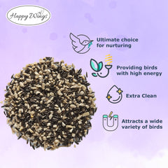 Happy Wings seeds filling a tube feeder attracting finches quickly