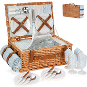 HappyPicnic wicker basket front packaging showing complete set and suitcase clasp for easy transport
