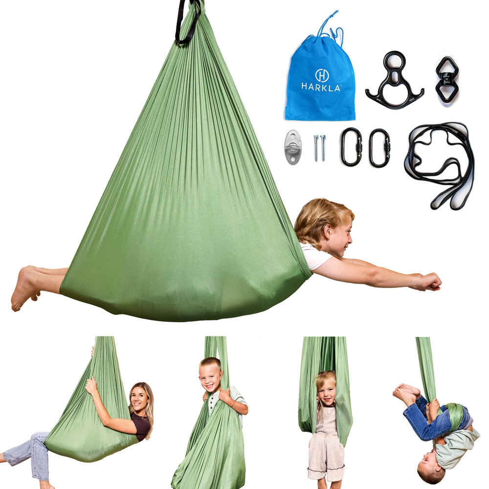 Harkla front view of sensory swing showing supportive hammock and calm space
