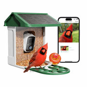 HARYMOR front view of bird feeder and camera showing mounting and perch benefit