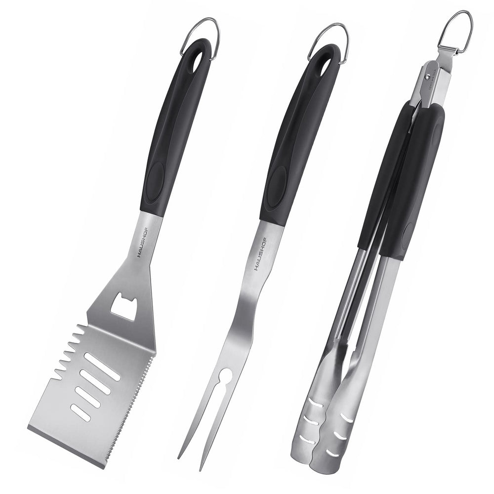 HAUSHOF front packaging showing full 3-piece grill set and durable finish