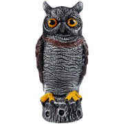 Hausse front view of owl decoy showing lifelike eyes and deterrent effect