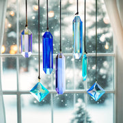 HDCRYSTALGIFTS full set front view showing seven blue prisms and benefit of immediate display