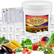 Heaven's Harvest front packaging showing complete heirloom seed kit benefits