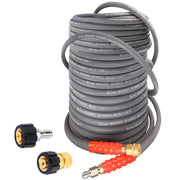 Heliwoo front view of 100ft pressure washer hose showing length and label, reliable reach