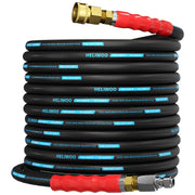 Heliwoo front view of 50ft hose showing full length and labeling, durable construction benefit