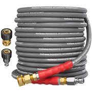 Heliwoo front view of 50 ft pressure washer hose showing durable design and quick connect