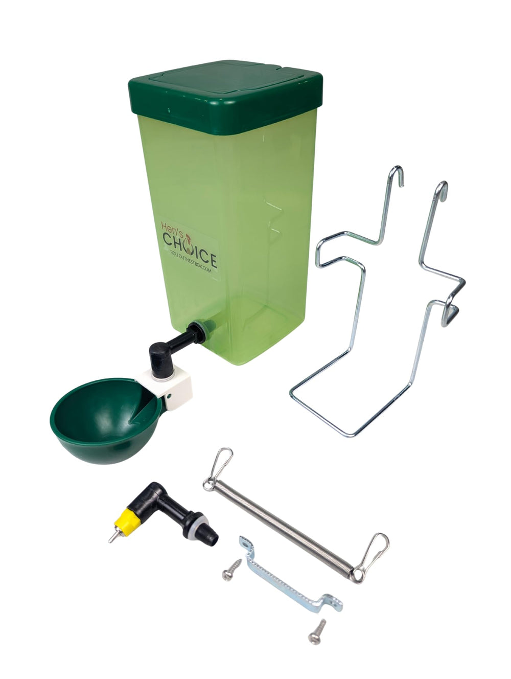 Hen's Choice front view of green 1L drinker showing cup and cap, convenient refill benefit