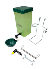 Hen's Choice front view of green 1L drinker showing cup and cap, convenient refill benefit