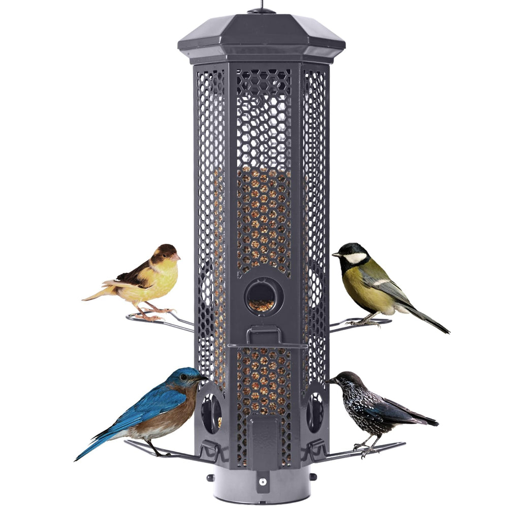 Henzavk feeder front view showing ports and hanging loop, durable weatherproof design