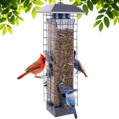Henzavk front view gray feeder showing hanging hardware and four ports for easy bird access
