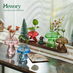 Hewory five mushroom vases seated on wooden tray offering stable coordinated display