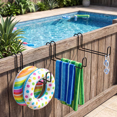 Hicarer hung over fence with towels and float demonstrating easy install