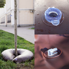 Highlight bag wrapped around tree trunk providing slow-release deep root watering benefit