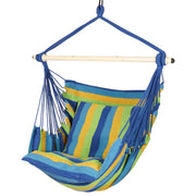 Highwild front view of blue striped hammock chair showing full seat and spreader bar benefit comfort
