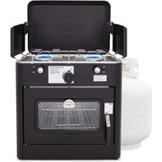 Hike Crew front view of oven range showing controls and portability benefit