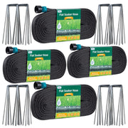 Hlinker front packaging showing 4×50ft flat soaker hoses and included stakes for easy setup