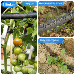 Hlinker hose laid through garden bed delivering root-level moisture benefit reduced runoff