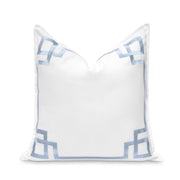Hofdeco Premium front view showing baby blue Greek key embroidery and coastal benefit
