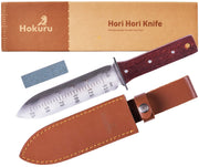 HOKURU hori hori knife front view showing full tool and sheath for versatile use
