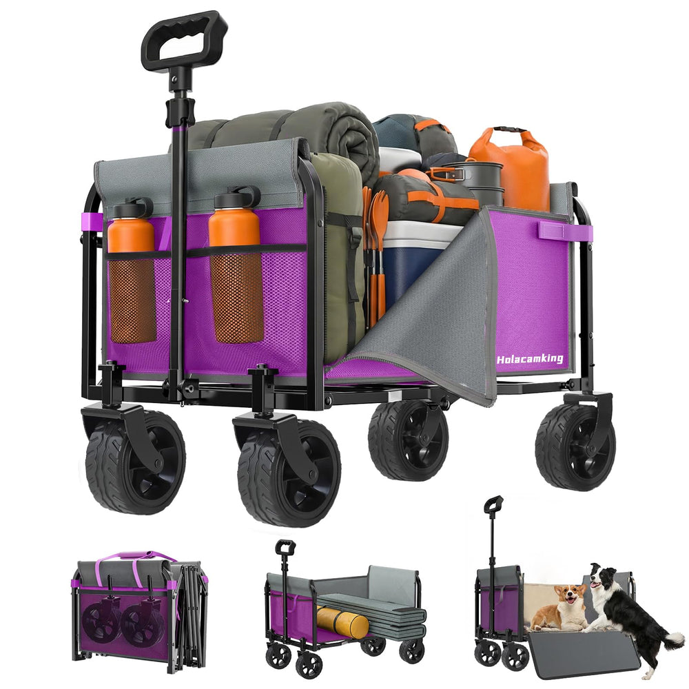 Holacamking front view of folded wagon showing compact portability benefit