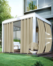 HolidayIdeas front view of cream outdoor curtains adds privacy