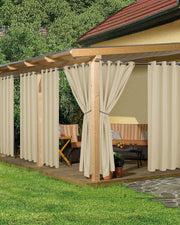 HolidayIdeas cream curtains full set on patio providing privacy and shade