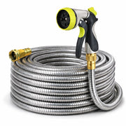 Holldoor 50 ft metal hose front view showing length and nozzle — durable outdoor use