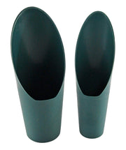 Home-X front view of two green mini soil scoops showing sizes and shape benefit