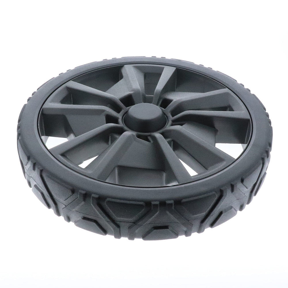 Homelite front view of 10-inch wheel assembly improving mower stability